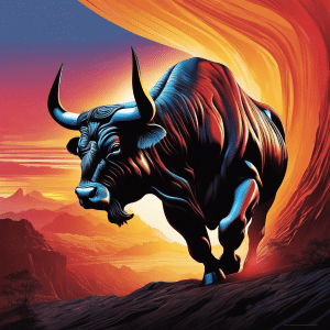 An image showcasing a majestic bull, its muscular silhouette emerging from the shadows, against a vibrant backdrop of a rising sun, reflecting optimism and strength, symbolizing the imminent soaring of the bull market