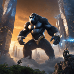 An image showcasing a colossal, futuristic ape-like creature, ApeMax, towering over a cityscape, engaged in an epic battle against a group of formidable, metallic giants representing the world of cryptocurrency