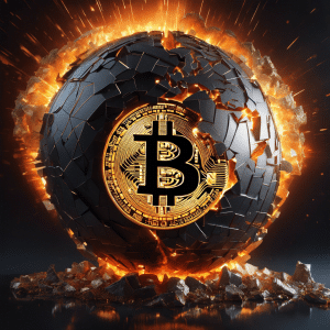 An image of a shattered, smoldering globe, with a colossal Bitcoin symbol embedded deep in its core, emitting a haunting glow as the world crumbles, portraying the catastrophic aftermath of Bitcoin's crash to absolute zero