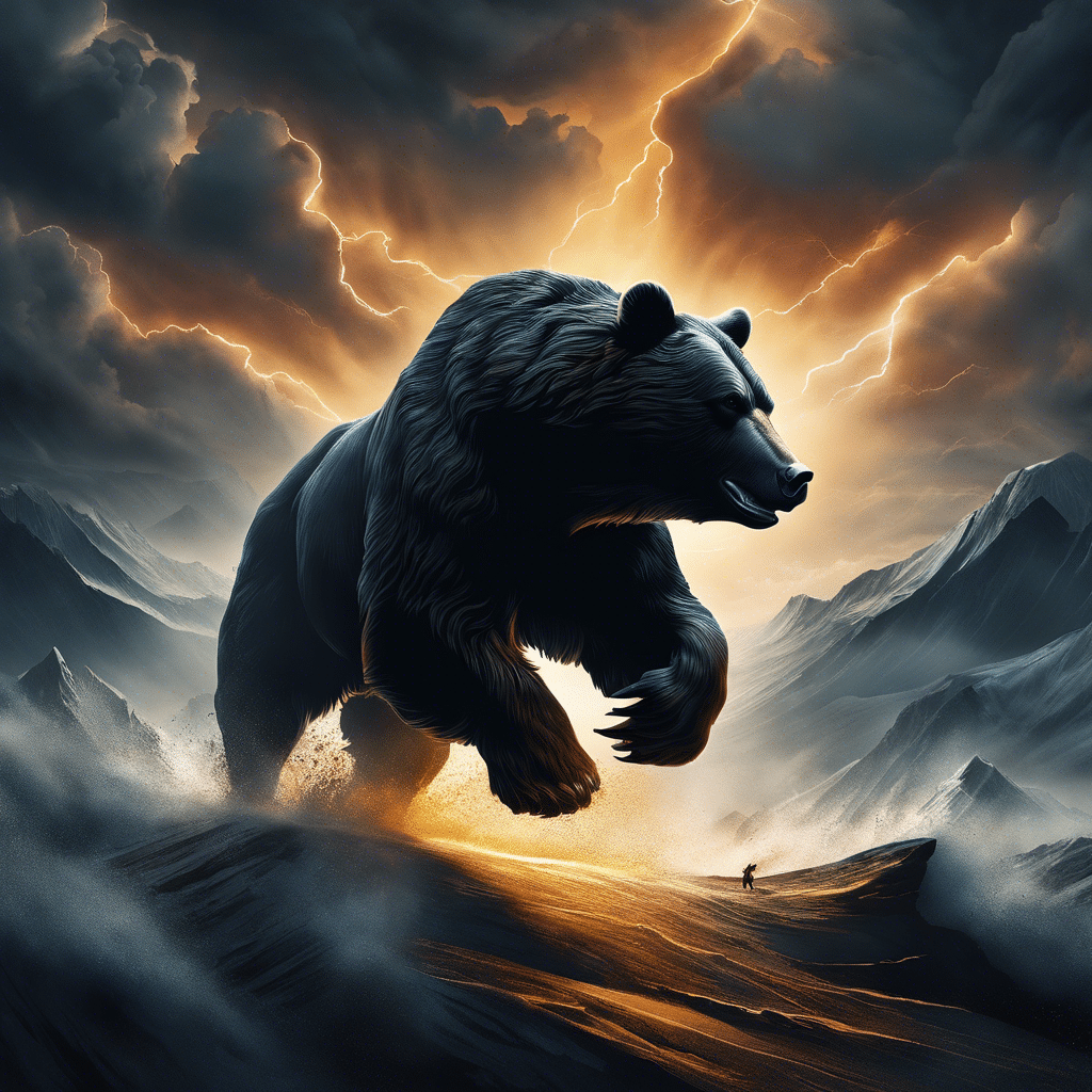 An image capturing the volatility of the financial market, depicting a silhouette of a bear and a bull fiercely clashing amidst a stormy backdrop, symbolizing Bernstein's groundbreaking Bitcoin prediction and its profound impact