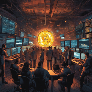 An image showcasing a dimly lit room with a group of people huddled around computer screens, frantically buying and selling cryptocurrency