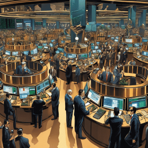 An image depicting a crowded, chaotic stock exchange floor filled with traders, where a shady figure manipulates the market by pumping up a cryptocurrency's value, while others fall victim to the scam