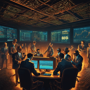 An image depicting a dimly lit room filled with shadowy figures huddled around a computer screen, eagerly manipulating cryptocurrency charts, their faces masked with deceitful grins and dollar signs gleaming in their eyes