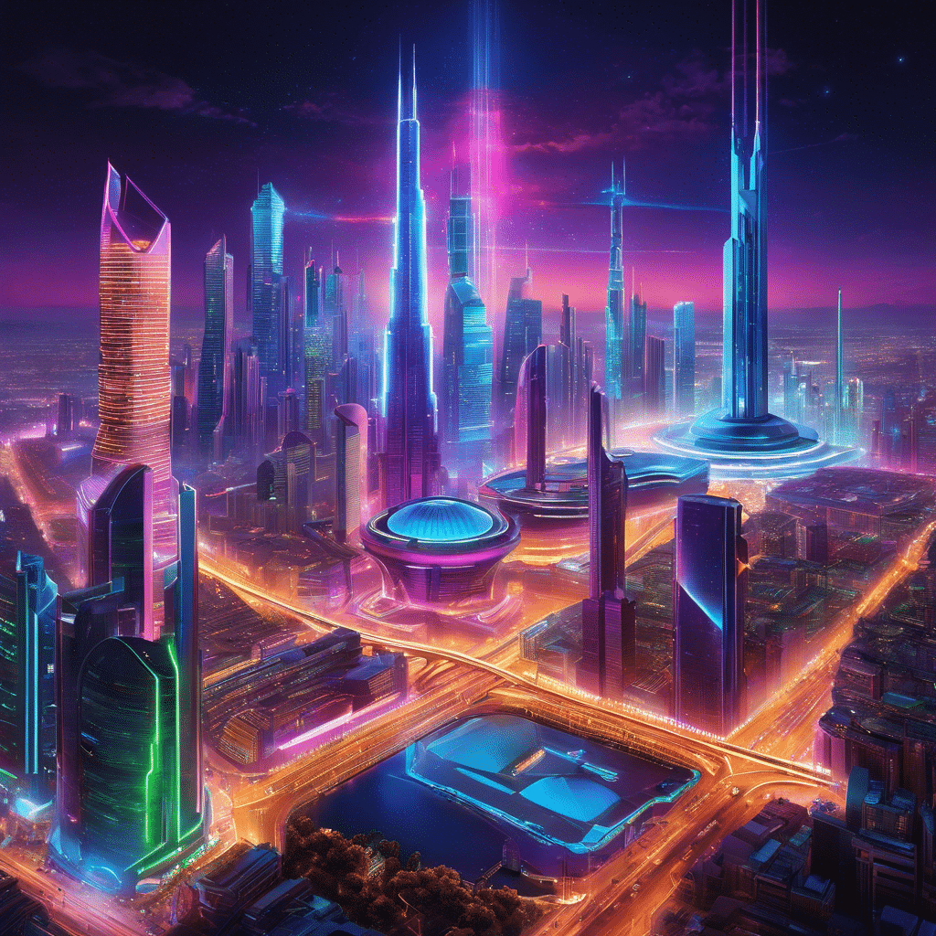 An image showcasing a futuristic metropolis skyline, illuminated by vibrant neon lights and towering holographic displays