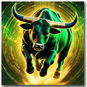 An image showcasing a majestic bull charging towards the sky, its powerful muscles rippling, as vibrant streaks of green and gold light up the background, symbolizing the predicted surge in Bitcoin prices post-ETF approval
