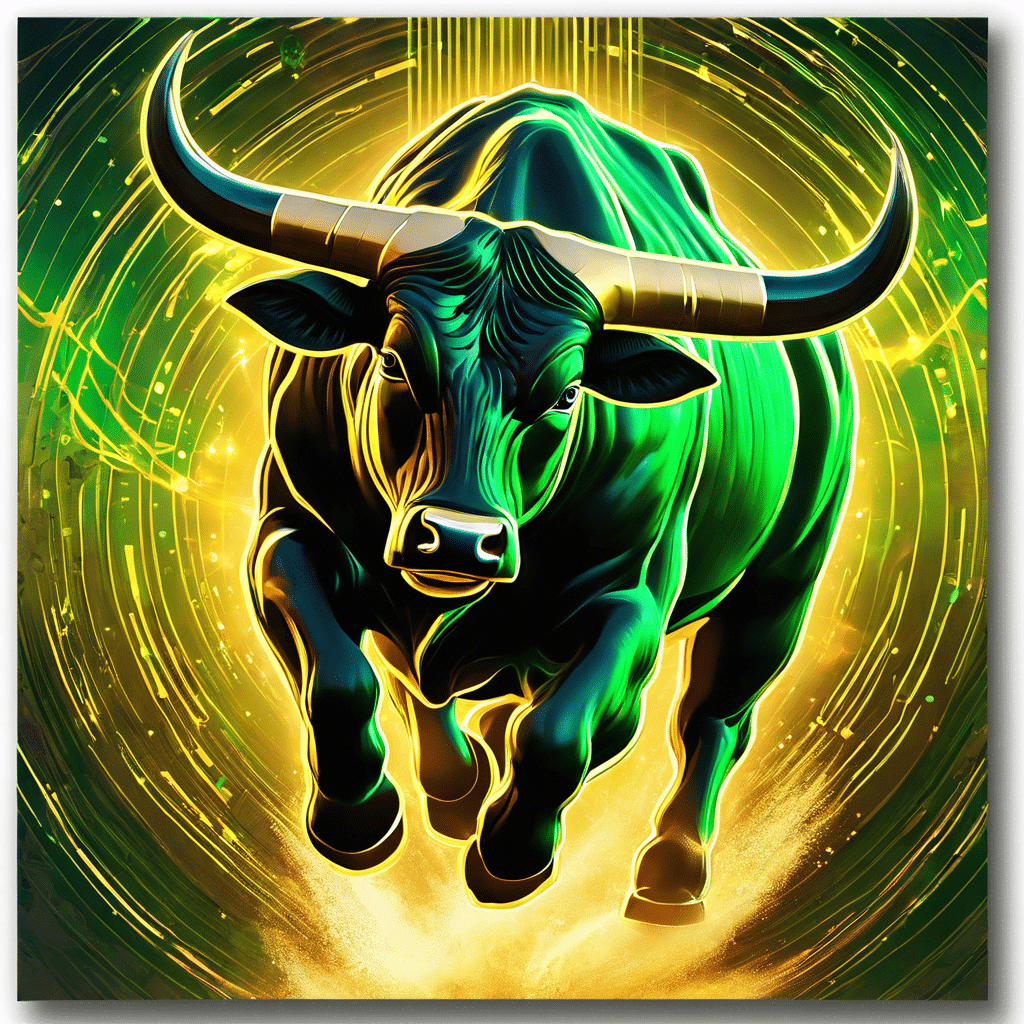 An image showcasing a majestic bull charging towards the sky, its powerful muscles rippling, as vibrant streaks of green and gold light up the background, symbolizing the predicted surge in Bitcoin prices post-ETF approval