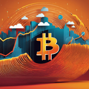 An image showcasing a vibrant, upward-facing graph representing the Bitcoin price trajectory, with a group of renowned financial experts depicted as silhouettes, standing in awe and pointing towards the soaring line