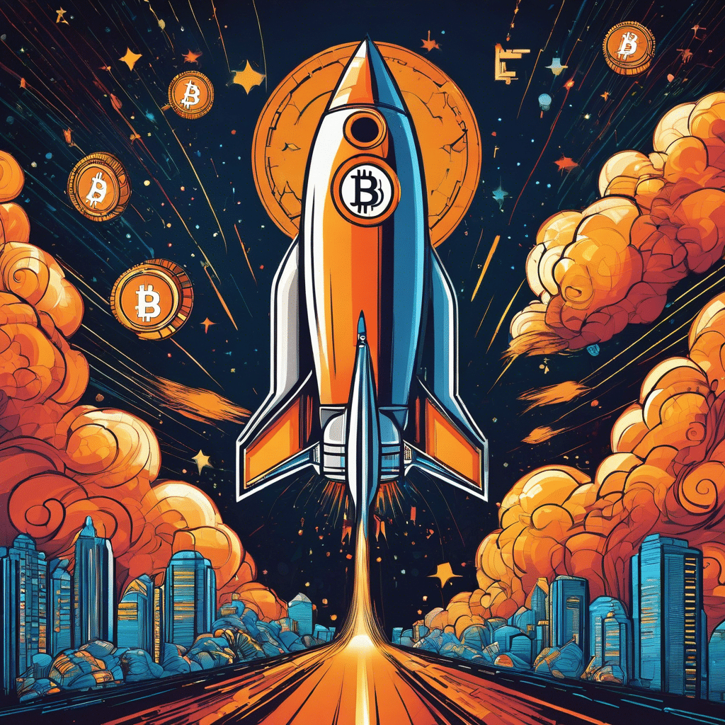 An image depicting a soaring rocket ship with a Bitcoin symbol on it, blasting through a vibrant sky filled with dollar signs and a graph showing a steep upward trajectory