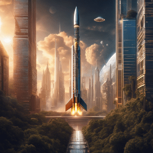 An image depicting a futuristic rocket soaring high above a landscape of skyscrapers, with Bitcoin symbols emblazoned on its sides, symbolizing the meteoric rise of Bitcoin's price in future years