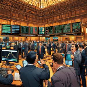 An image showcasing a bustling stock exchange floor filled with excited investors, as Bitcoin's price soars high above the trading screens