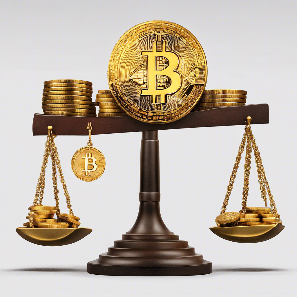 An image showcasing a trembling hand holding a golden Bitcoin, precariously balanced on a seesaw