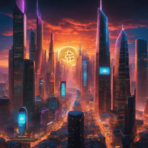 An image depicting a futuristic cityscape at dusk, with skyscrapers adorned in neon Bitcoin signs towering over a crowded market square