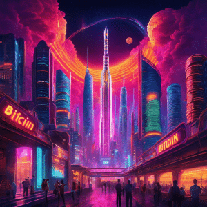 An image depicting a vibrant, futuristic cityscape illuminated by neon lights, with towering skyscrapers featuring Bitcoin logos