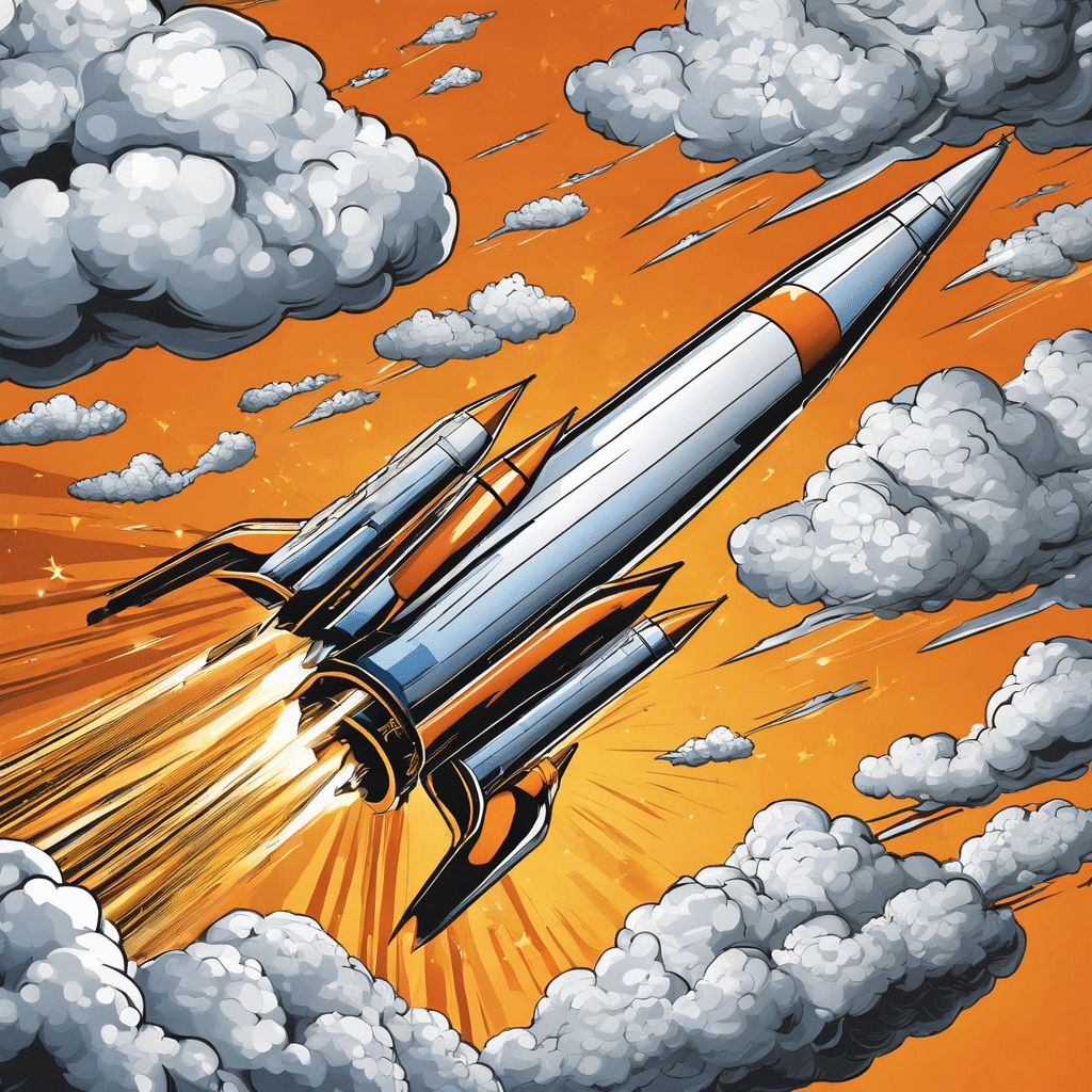 An image that depicts a soaring rocket breaking through clouds with a Bitcoin symbol on its side, leaving a trail of dollar signs in its wake, symbolizing the surging value of Bitcoin and hinting at a prosperous future