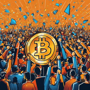 An image of a graph depicting an upward trajectory, with Bitcoin's price skyrocketing, accompanied by a crowd of jubilant experts cheering and throwing confetti, symbolizing the predicted massive gains