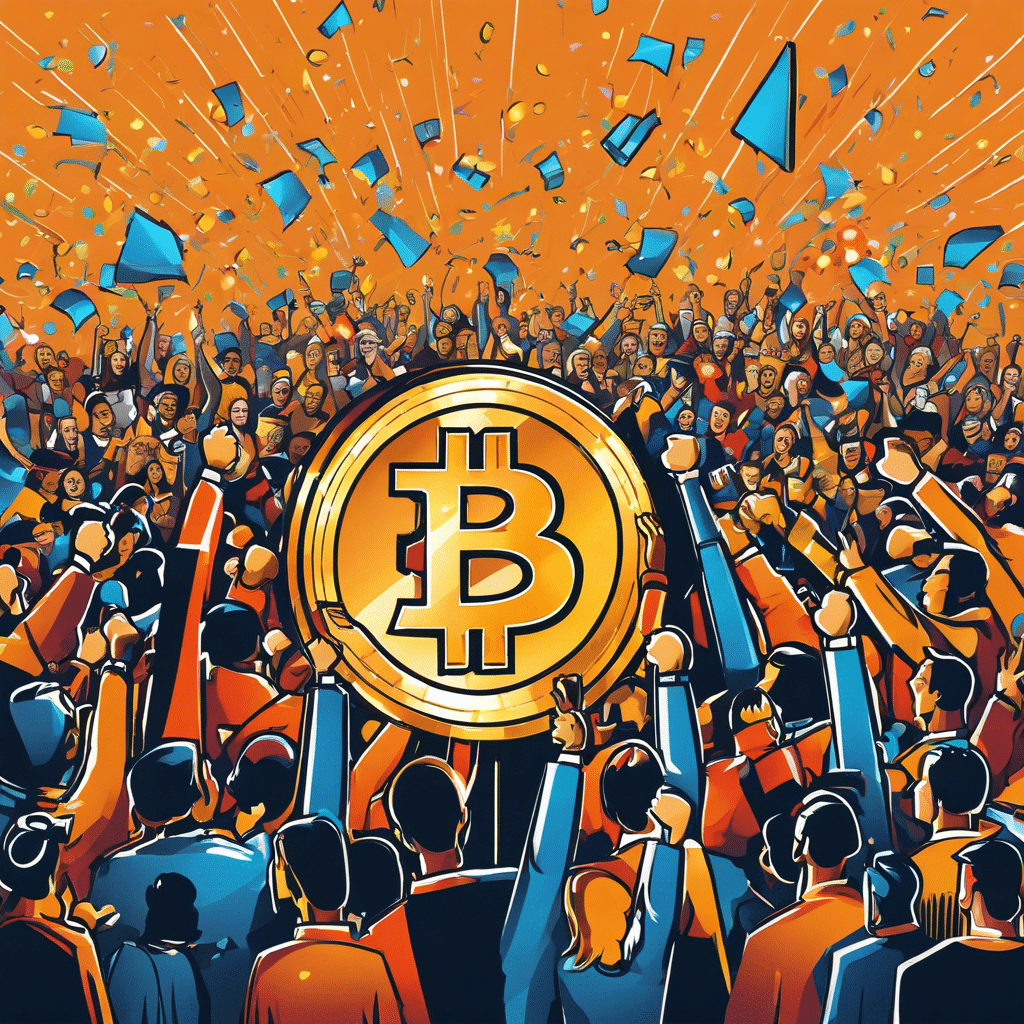 An image of a graph depicting an upward trajectory, with Bitcoin's price skyrocketing, accompanied by a crowd of jubilant experts cheering and throwing confetti, symbolizing the predicted massive gains