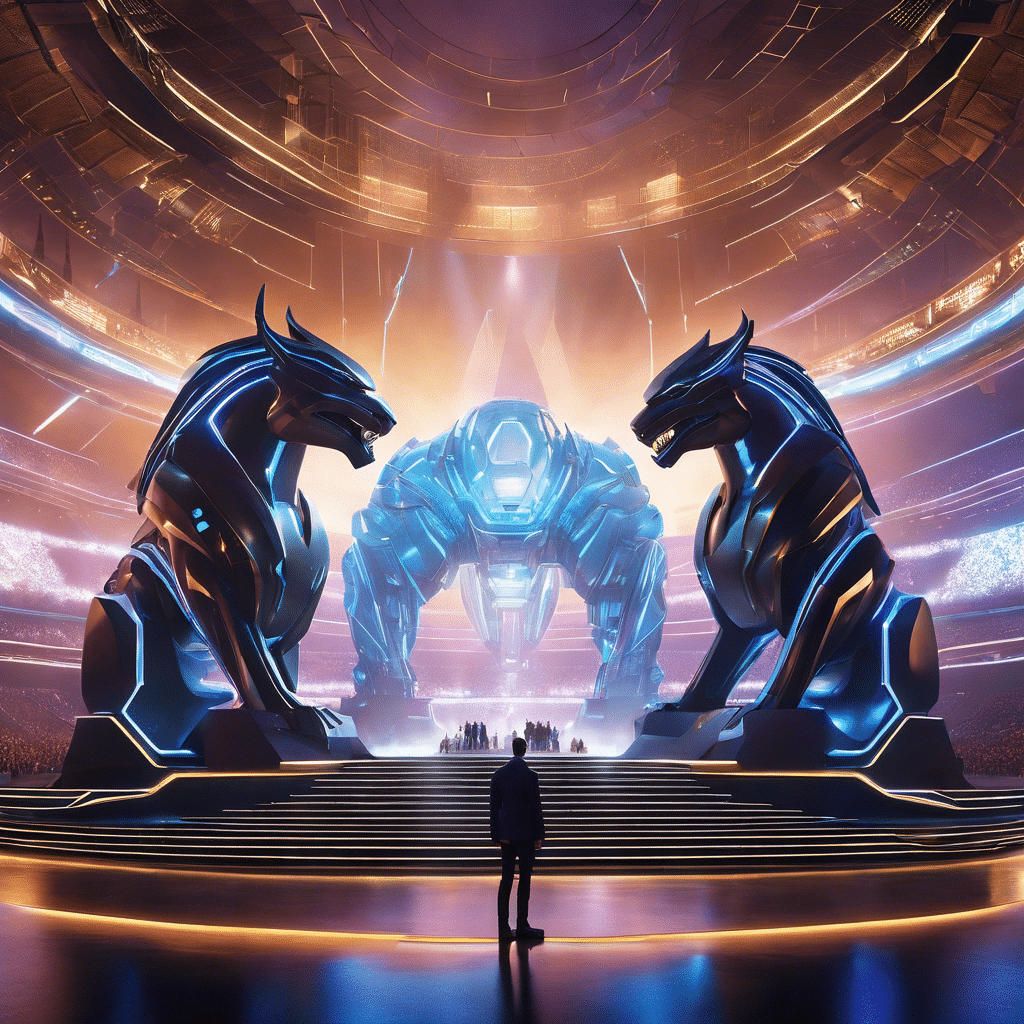 An image showcasing a futuristic arena with colossal, animated statues representing blockchain giants