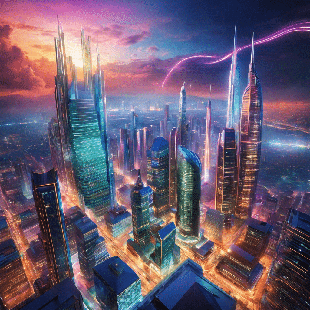 An image showcasing a vibrant cityscape with skyscrapers reaching towards the sky, while an ascending graph symbolizing blockchain's demand soars, depicted by a rocket blasting off into the clouds