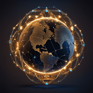 An image of a globe surrounded by interconnected nodes, symbolizing various industries