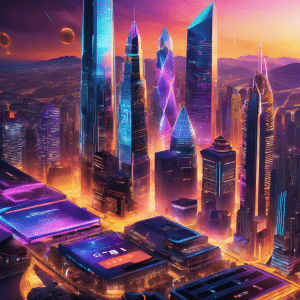 An image to showcase the "Crypto Craze: Top Performers of the Year" with a vibrant and dynamic digital visual: a futuristic cityscape adorned with rising bar graphs, glowing cryptocurrency symbols, and a crowd of cheering investors