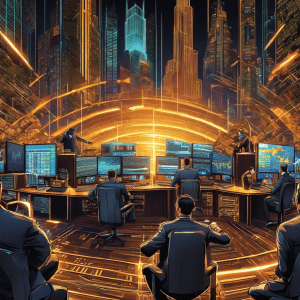 An image that captures the chaos in the crypto market: investors frantically selling their assets, graphs plummeting, and worried faces illuminated by the glow of computer screens, reflecting panic and uncertainty