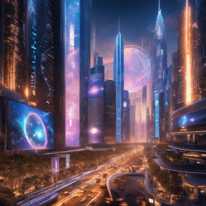 An image showcasing a futuristic cityscape with soaring skyscrapers, adorned with digital billboards displaying Bitcoin, Solana, and XRP logos