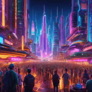 An image showcasing a vibrant, futuristic cityscape with towering skyscrapers adorned with digital neon signs, bustling crowds, and flying vehicles