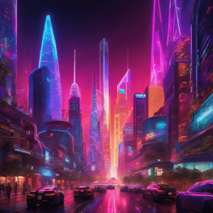 An image of a vibrant, futuristic cityscape illuminated by neon-lit skyscrapers