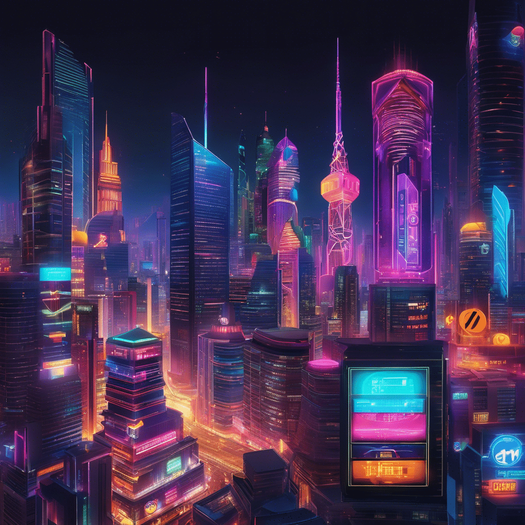 An image showcasing a vibrant, bustling cityscape at night, illuminated by neon signs displaying prominent cryptocurrencies