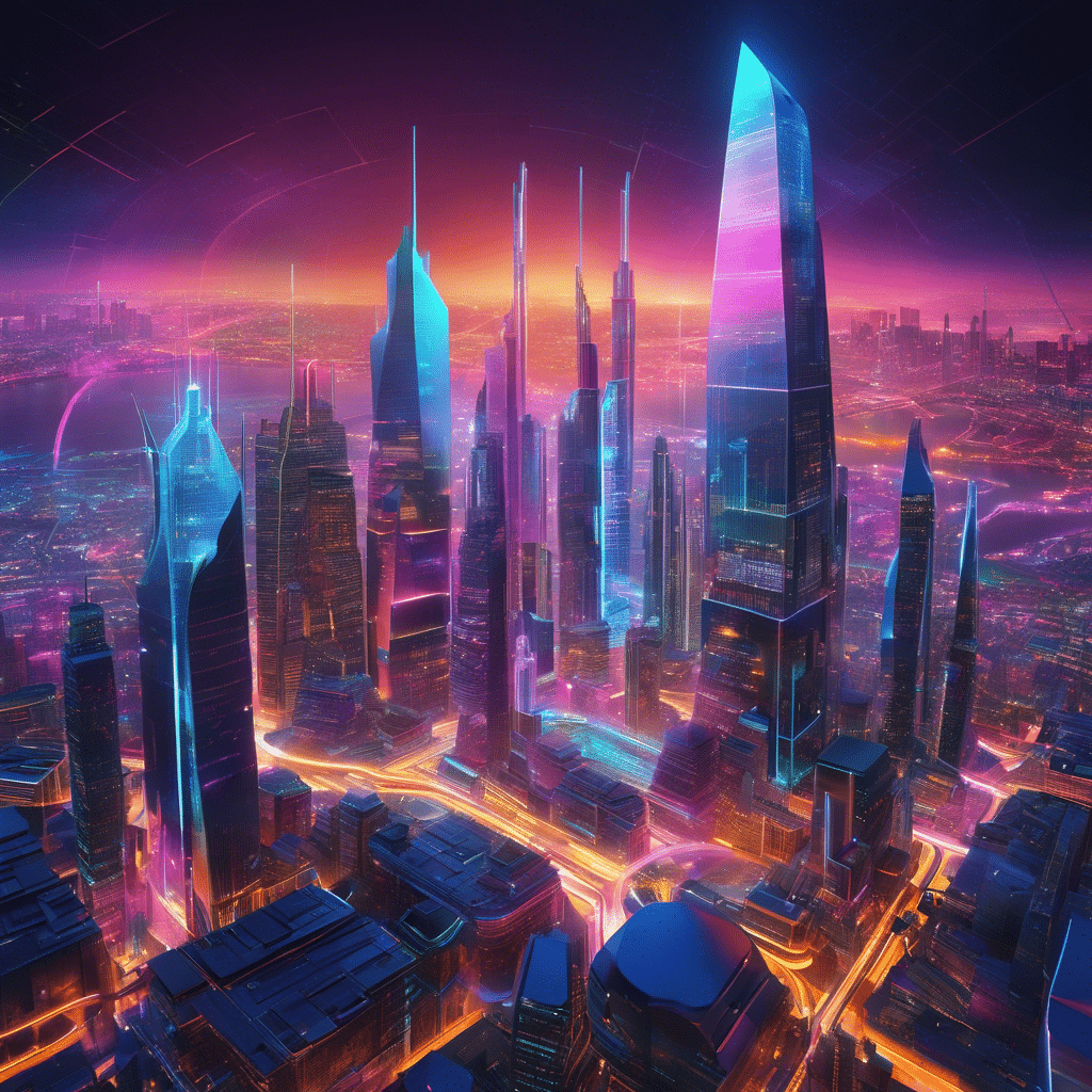 An image showcasing a vibrant, futuristic cityscape with a labyrinth of interconnected digital graphs and charts displayed on towering holographic screens, symbolizing effective crypto selling strategies to optimize gains and mitigate potential risks