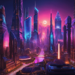 An image showcasing a futuristic cityscape at dusk, adorned with towering skyscrapers shaped like well-known cryptocurrencies, illuminated with vibrant neon lights, symbolizing the imminent surge of the cryptocurrency market