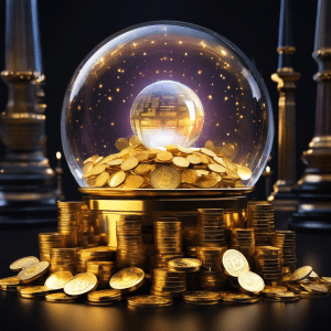 An image depicting a crystal ball resting on a pile of gold coins, with flickering candlelight casting shadows