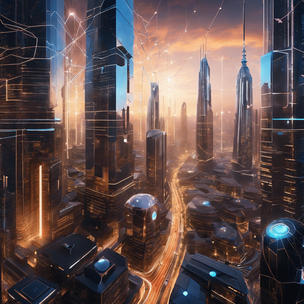 An image depicting a futuristic cityscape with towering skyscrapers, interconnected by a complex network of glowing blockchain symbols