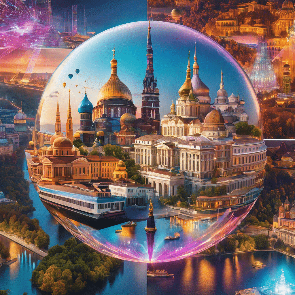An image showcasing a vibrant collage of Eastern European landmarks, fused with futuristic elements like floating data nodes and AI algorithms, symbolizing the region's leading data science companies
