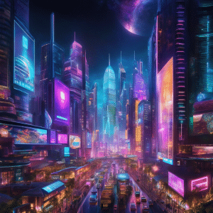 An image showcasing a futuristic cityscape with holographic billboards displaying various micro cap crypto coin symbols