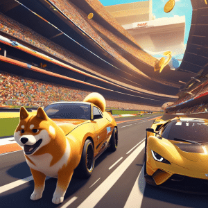 An image showcasing a dynamic race track with Doge, Shiba Inu, and other meme coins speeding towards a towering $1 finish line, capturing the competitive spirit and excitement of their race