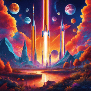 An image showcasing a vibrant digital landscape with soaring rockets representing Bitcoin, Ethereum, and Ripple, illuminating the sky with their intense glow, symbolizing the predicted explosive growth of these cryptocurrencies