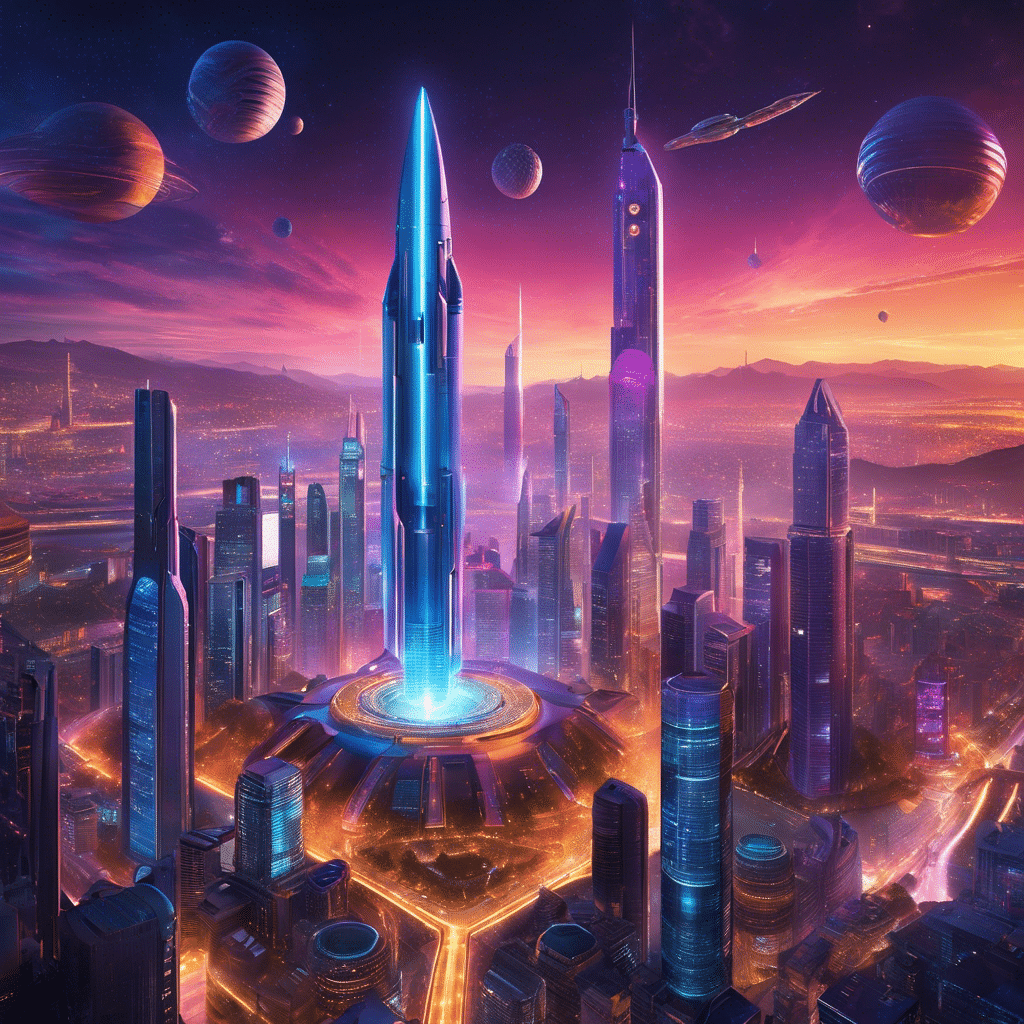 An image showcasing a futuristic cityscape, adorned with towering skyscrapers made of vibrant, illuminated crypto tokens