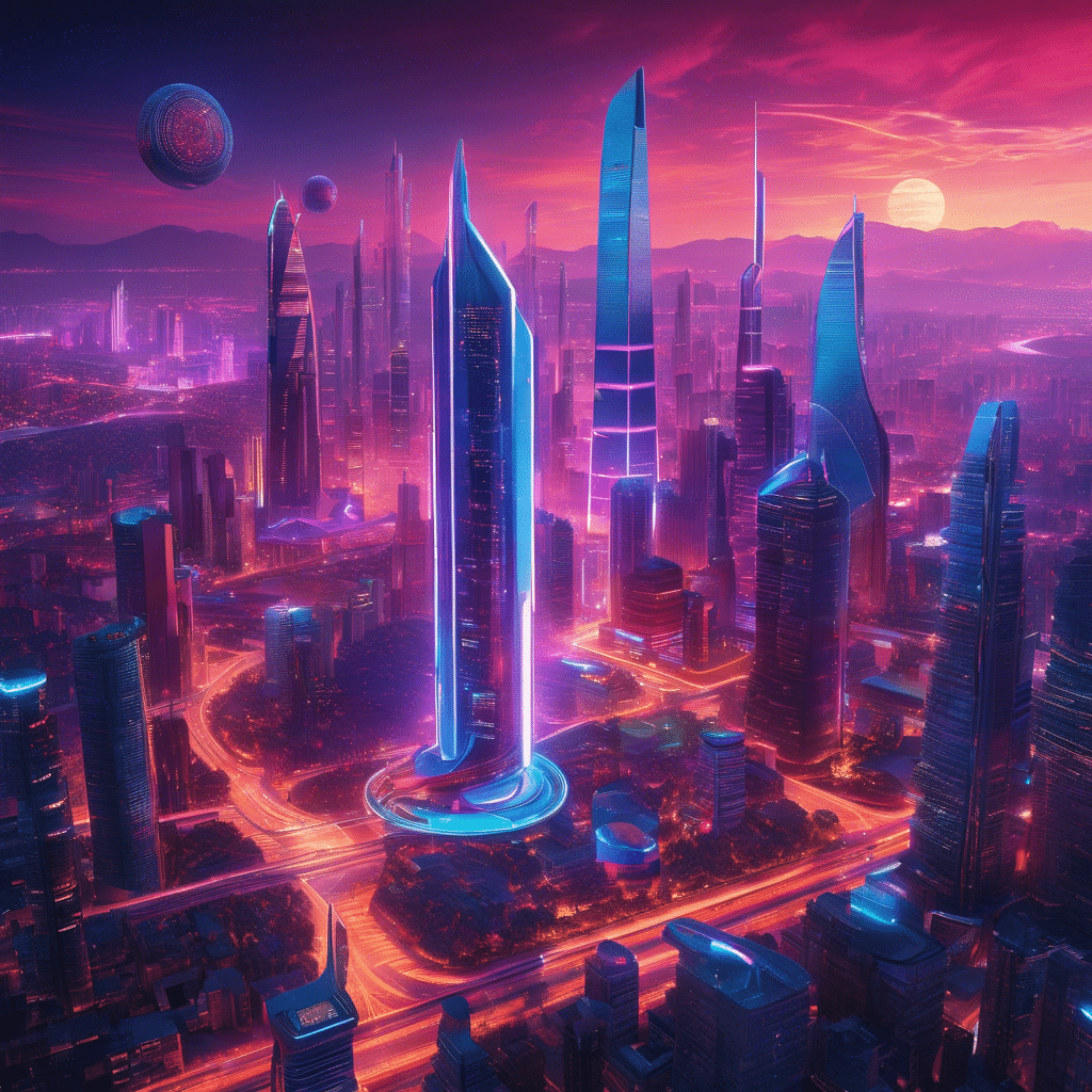An image showcasing a futuristic cityscape at dusk, illuminated by vibrant neon lights