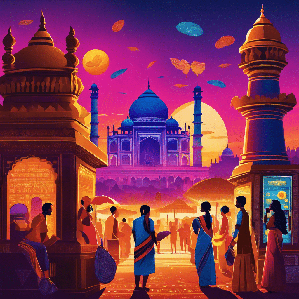 An image showcasing a vibrant Indian market scene, with silhouettes of people exchanging cash for cryptocurrencies against a backdrop of iconic Indian landmarks, representing the potential for investment success