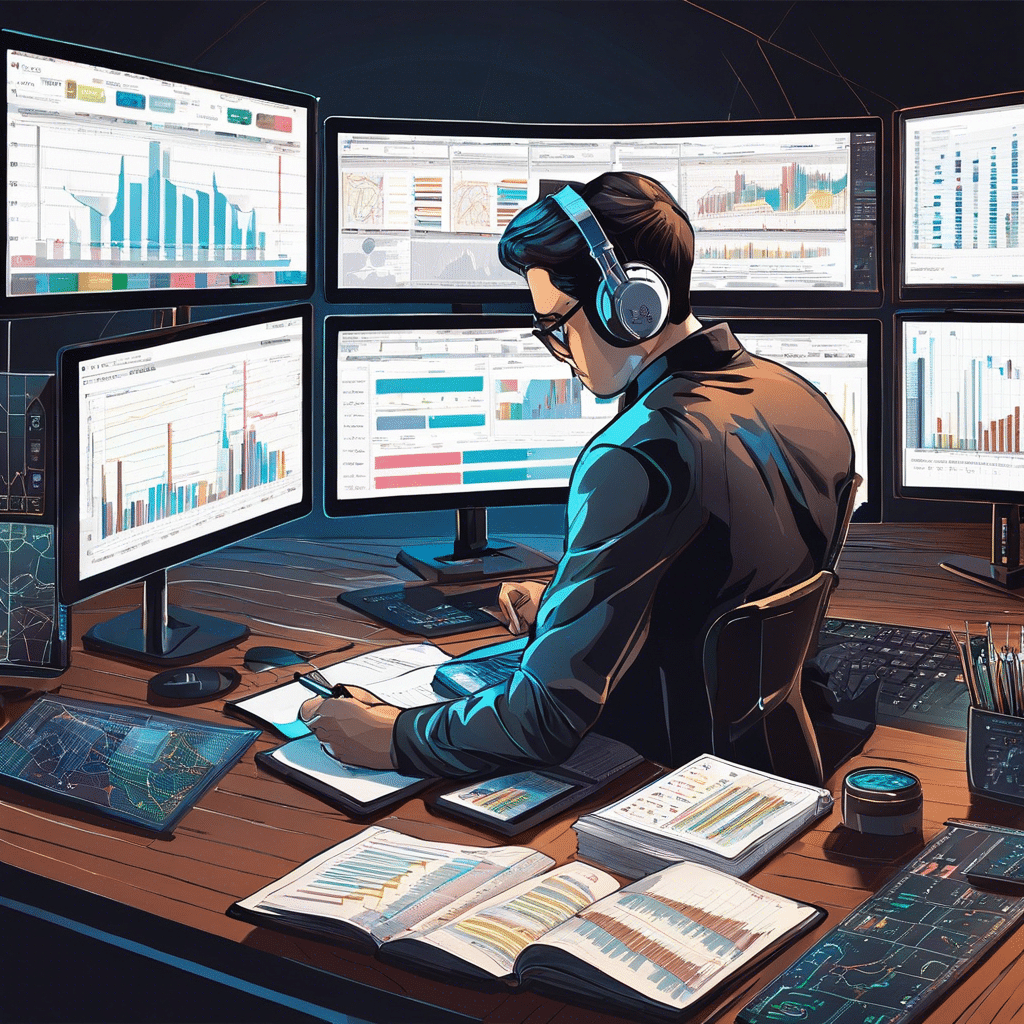 An image showcasing a person analyzing cryptocurrency data on multiple screens, surrounded by charts, graphs, and candlestick patterns