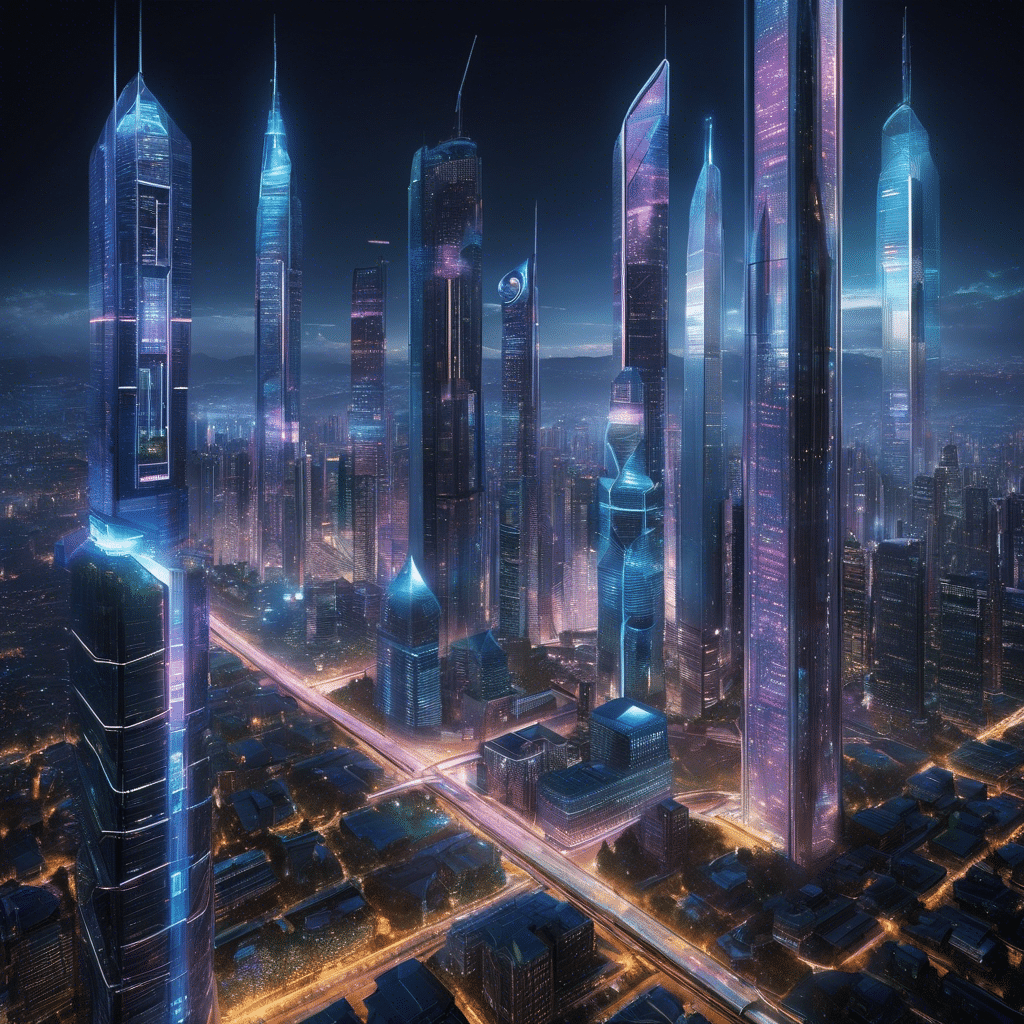 An image showcasing a futuristic metropolis at night, illuminated by holographic displays