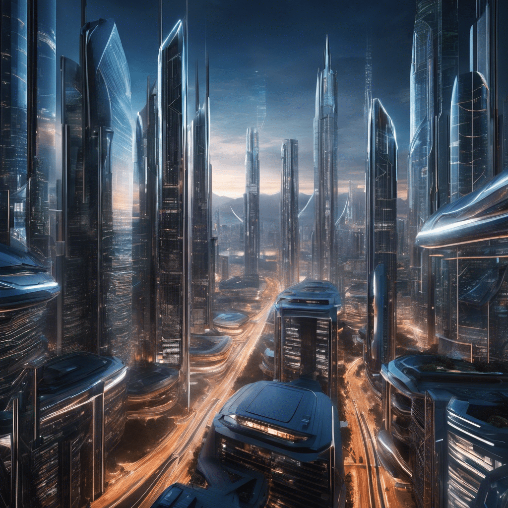 An image showcasing a futuristic cityscape, with towering skyscrapers connected by a complex web of transparent tubes, symbolizing the transformative power of blockchain technology across various industries