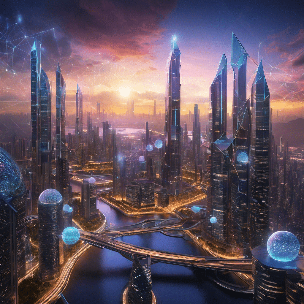An image showcasing a futuristic cityscape at dusk, with towering skyscrapers adorned with holographic displays depicting a network of interconnected nodes, symbolizing the limitless potential of blockchain technology