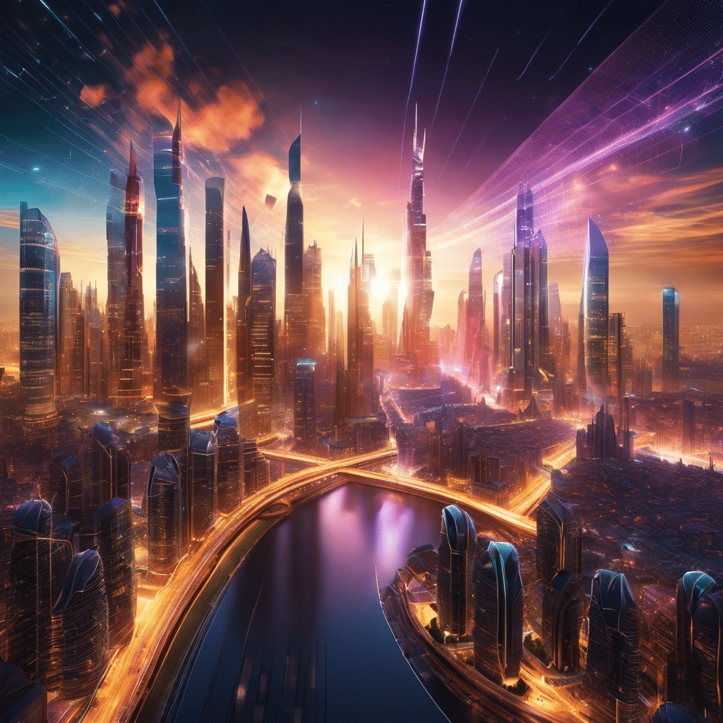 An image showcasing a futuristic city skyline, adorned with interconnected, transparent skyscrapers