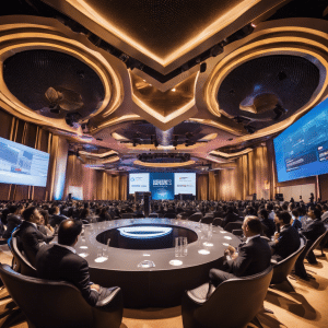 An image showcasing a futuristic conference hall packed with industry leaders and entrepreneurs, immersed in engaging conversations