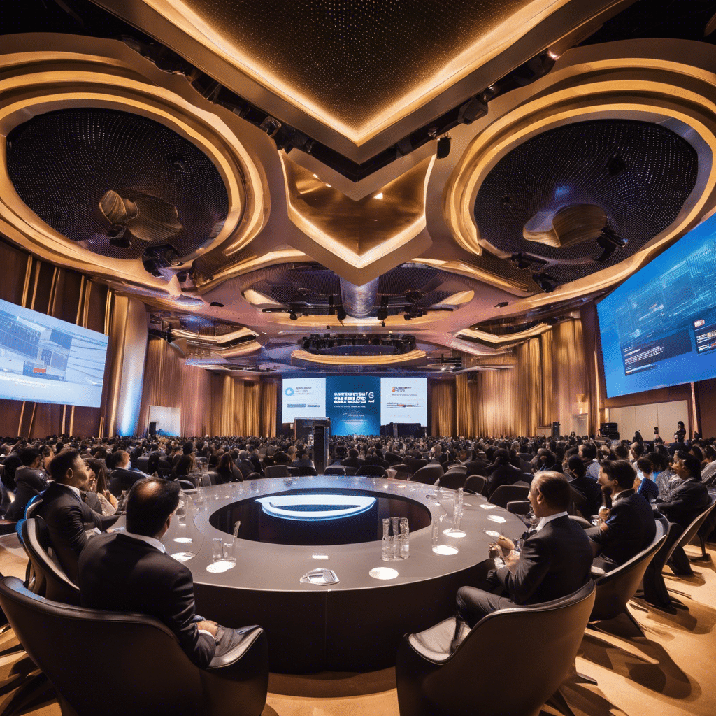 An image showcasing a futuristic conference hall packed with industry leaders and entrepreneurs, immersed in engaging conversations