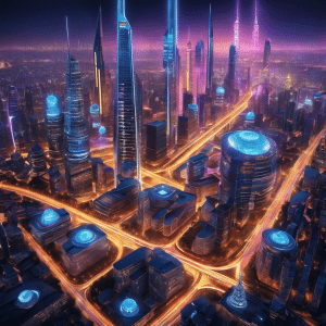 An image showcasing a futuristic cityscape illuminated by vibrant, interconnected pathways of data