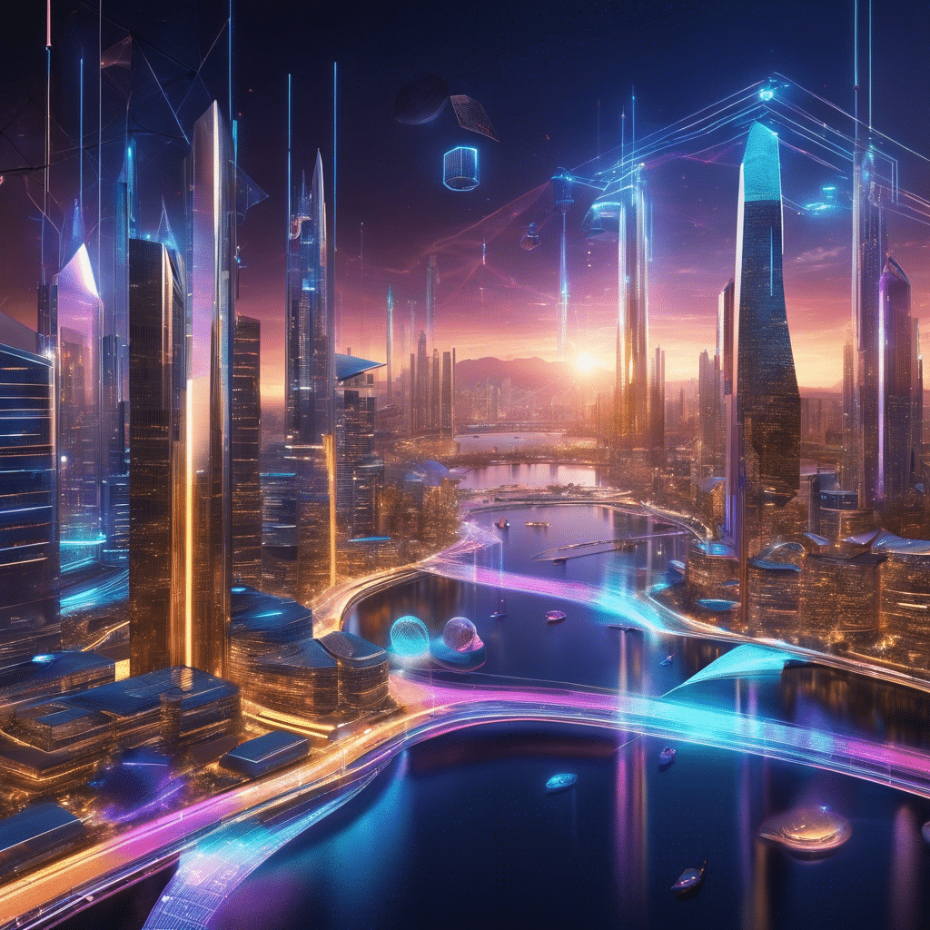 An image illustrating a futuristic city skyline at dusk, with interconnected buildings emitting vibrant streams of blockchain technology