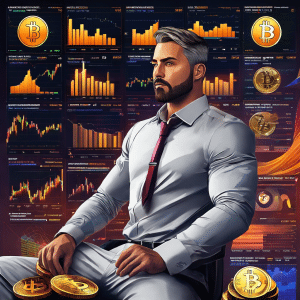 An image depicting a trader surrounded by a variety of crypto charts, analyzing trend lines, candlestick patterns, and moving averages, showcasing the complexity and potential for mastering trading trends